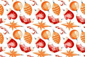 Seamless pattern with Christmas tree decoration in cartoon style. Repetitive New Year baubles print in shape of pine cone, mitten, sock, candy cane, star on a white background. vector