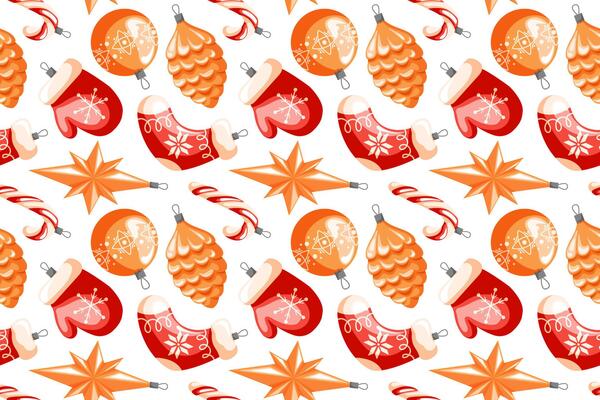 Seamless pattern with Christmas tree decoration in cartoon style. Repetitive New Year baubles print in shape of pine cone, mitten, sock, candy cane, star on a white background.