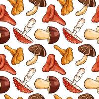Seamless pattern of cartoon style mushroom fly agaric, Boletus, Chanterelle, Niscalo, Shiitake on a white background. Ideal for food packaging, textile, print and menu restaurant. vector