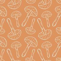 Seamless pattern with Destroying Angel inedible mushroom in line art style. Design for wrapping paper, wallpaper, textiles on a beige background. vector