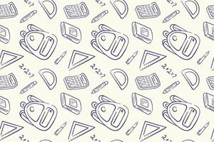 Doodle style back to school seamless pattern with stationery supplies, exercise book, calculator, backpack, ruler on a beige background. vector
