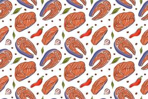 Seamless pattern with Salmon steak, garlic, herbs and chili pepper in flat style. Trout and vegetables design for kitchen, package, textile, wrapping. vector