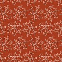Maple leaf seamless pattern in line art style on red background. Linear, hand drawn autumn design for wallpaper. vector