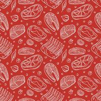 Seamless meat pattern with line art style steak meat and fish, ribs, herbs, garlic, onion on red background. Ideal for butcher packaging, food design and restaurant menu. vector