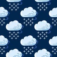 Seamless night sky pattern with fluffy cloud, wind and snowflake on a dark blue background in cartoon style. Perfect for textile, wallpaper, baby product and dreamy celestial themed design. vector