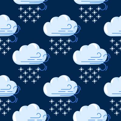 Seamless night sky pattern with fluffy cloud, wind and snowflake on a dark blue background in cartoon style. Perfect for textile, wallpaper, baby product and dreamy celestial themed design.