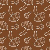Seamless pattern with Shiitake mushroom in line art style. Autumn design for wrapping paper, wallpaper, textile on a brown background. vector