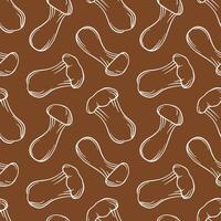 Seamless pattern with King Trumpet Oyster mushroom in line art style. Autumn design template for textile, wallpaper, print on a brown background. vector