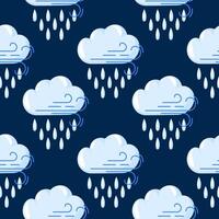 Seamless pattern with rain cloud, wind and raindrops on dark background in cartoon style. Perfect for weather forecast, textile, wrapping paper or kids design. vector