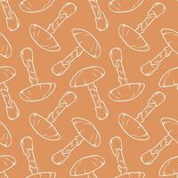 Death cap mushroom seamless pattern in line art style. Inedible mushroom texture design, packaging, label on a beige background. vector