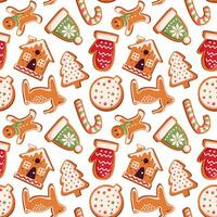 Seamless pattern with gingerbread cookie in festive Christmas shape in cartoon style. Mitten, candy cane and gingerbread men on a white background for wrapping paper, wallpaper, package. vector