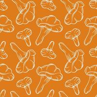 Chanterelle mushroom seamless pattern in line art style. Autumn design for wrapping paper, fabric, wallpaper on orange background. vector