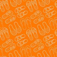 Seamless pattern of various summer sandals in line art style on orange background. Perfect for fashion textile, beach accessories packaging and warm weather promotional design. vector