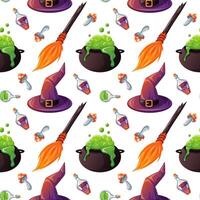 Seamless Halloween pattern with witch hat, broom, potion, fly agaric mushroom and bubbling cauldron on white background in cartoon style. Perfect for seasonal wrapping paper and festive decoration. vector