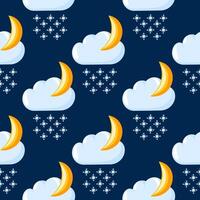 Seamless pattern with winter weather icon clouds, moon and snowflakes in cartoon style. Design is perfect for seasonal projects, winter designs and wrapping on a dark blue background. vector