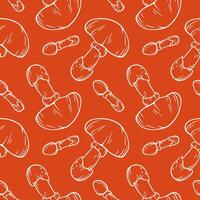 Seamless pattern with Caesars mushrooms in line art style. Autumn design for wrapping paper, wallpaper, textile on a red background. vector
