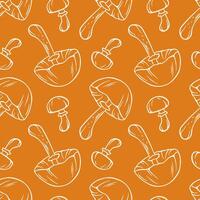 Autumn Skullcap inedible mushroom seamless pattern in line art style. Pattern for wrapping paper, fabric, design on a orange background. vector