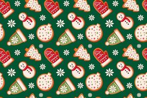 Seamless Christmas gingerbread cookie pattern with festive bakery snowman, mitten, hat, tree and snowflake on green background. Cartoon style illustration for holiday, wrapping paper and seasonal vector