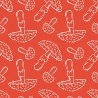 Fly agaric inedible mushroom seamless pattern in line art style. Toxic Amanita Muscaria texture design for textile, wrapping paper, decor on a red background. vector