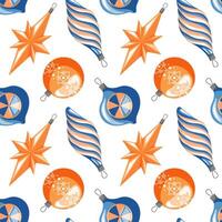 Christmas tree decoration seamless pattern in cartoon style. Winter holidays tree toys in various shape on a white background. vector