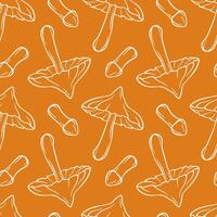 Seamless pattern of inedible mushroom Deadly webcap in line art style for textile and decor. Decorative backdrop for wallpaper, wrapping, fabric on a orange background. vector