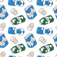 Seamless dairy pattern with milk bottle, carton and glass in a flat style on white background. Perfect for packaging, grocery design, breakfast print and healthy food branding. vector