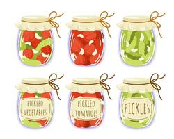 Pickled vegetables collection in flat style. Marinated cucumber, tomatoes, garlic. Autumn marinate food in jar with labels. Illustration isolated on a white background. vector