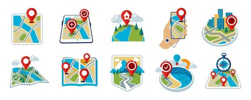 Navigation Icons Set. Smartphone and Paper Map Location Markers. UX Design vector