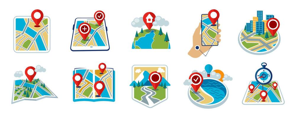 Navigation Icons Set. Smartphone and Paper Map Location Markers. UX Design