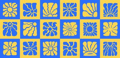 Groovy Sun Mosaic Background. Retro Abstract Summer Pattern with Doodle Sunburst Icons vector