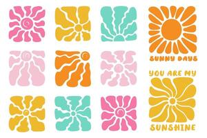 Groovy retro abstract suns. Organic doodle shapes in naive hippie style. Colorful sunshine elements vector