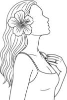 Line Art of Girl with Flower in Hair vector
