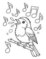 Singing Bird on a Branch with Musical Notes Black and White Line Art vector