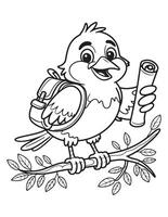 Adventurous Cartoon Bird with Map and Backpack on Tree Branch Coloring Page vector