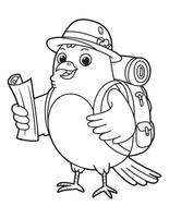 Adventurous Cartoon Bird with Backpack and Map Coloring Book Page vector