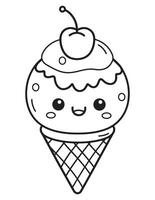 Adorable Kawaii Ice Cream with Happy Face Summer Line Art Coloring Sheet vector