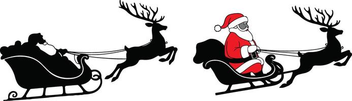 Santa and Reindeer Sleigh Black and Color Icons vector