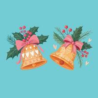 christmas card with bells with golden color round vector