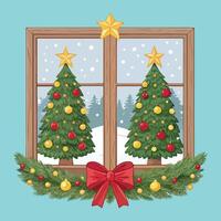 Christmas tree with gift boxes with window scene vector