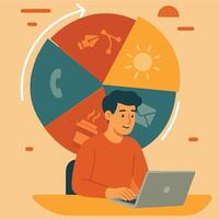 Freelancer working on laptop with pie chart icons vector