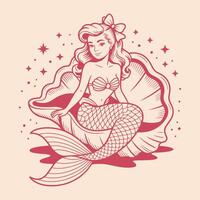 Beautiful Mermaid Sitting in Seashell with Sparkles Vintage Style vector