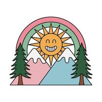 Smiling Sun with Mountains and Trees Colorful Cartoon Illustration vector