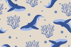 Under the sea with Blue whale and corals seamless pattern for background fabric vector