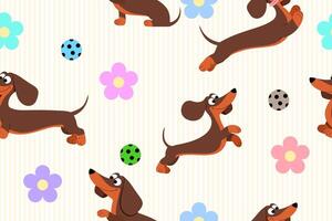Cute dachshund with balls and flowers seamless pattern for fabric background decoration vector
