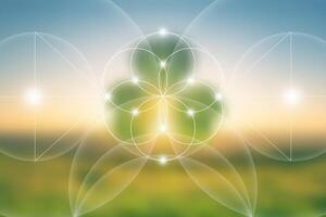 Sacred geometry, Flower of life. Mystical clover spiritual new age illustration with transmutation interlocking circles, bright neon sign, symbol of harmony and balance, blurry natural background vector