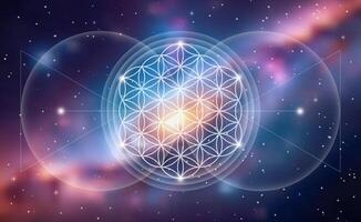 Flower of Life, Yantra Mandala, glowing seed of life, Sacred Geometry, symbol of harmony and balance. Mystical circles in the infinity outer space, colorful nebula galaxy background vector