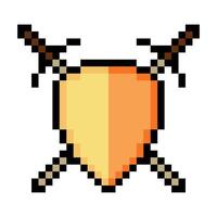 Shield sword in pixel art style isolated on white background vector
