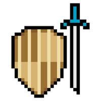 Shield and sword in pixel art style vector