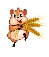 Little cute hamster running with three ears of wheat. illustration isolated on white background vector