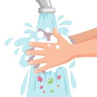 Child washes his hands with soap and foam under running water. Wash your hands concept. Personal hygiene. Prevent viruses and bacterias. Concept with washing hands vector